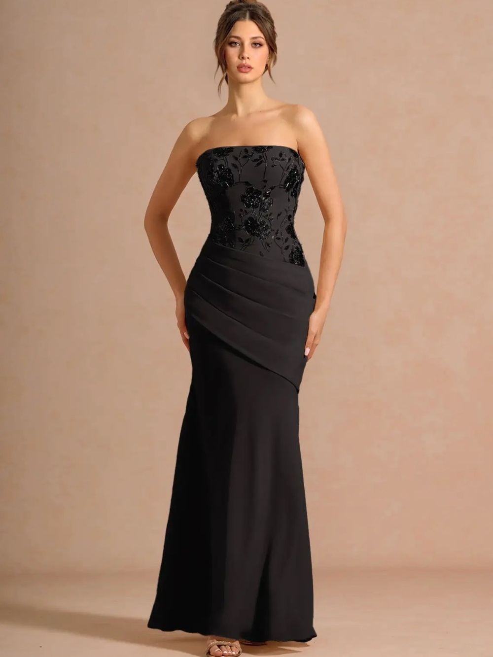 Azazie Strapless Black Evening Gown with Embroidered Bodice